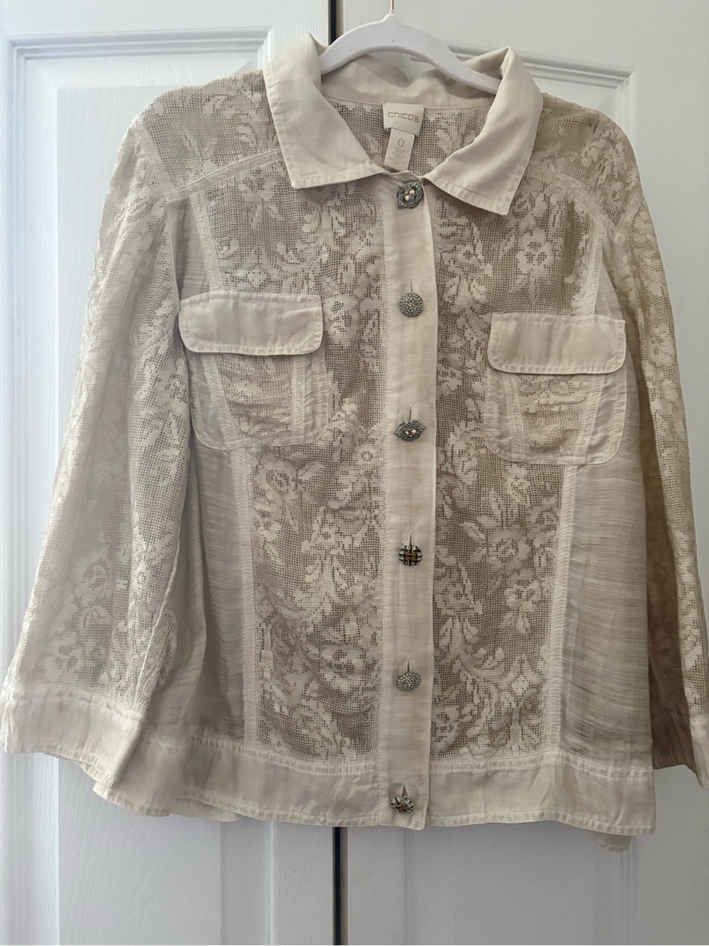 Chico’s Ivory Lace Button Front Blouse Boho Romantic Sheer Top